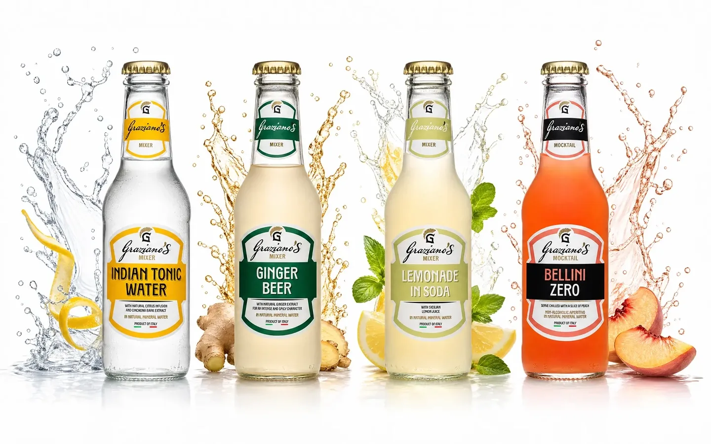 Le quattro referenze Graziano's: Indian Tonic Water, Ginger Beer, Lemonade in Soda e Bellini Zero, con schizzi d'acqua e ingredienti